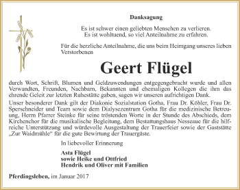 Traueranzeige von Geert Flügel von Ostthüringer Zeitung, Thüringische Landeszeitung
