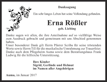 Traueranzeige von Erna Rößler von Ostthüringer Zeitung