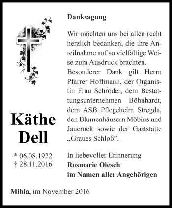 Traueranzeige von Käthe Dell von Thüringer Allgemeine, Thüringische Landeszeitung