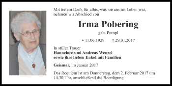 Traueranzeige von Irma Pobering von Thüringer Allgemeine, Thüringische Landeszeitung