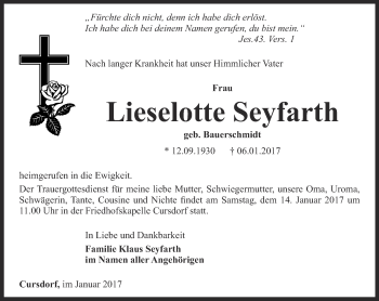 Traueranzeige von Lieselotte Seyfarth von Ostthüringer Zeitung