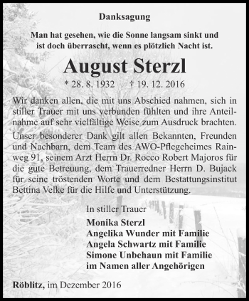 Traueranzeige von August Sterzl von Ostthüringer Zeitung