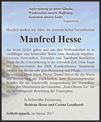 Traueranzeige von Manfred Hesse von Thüringer Allgemeine