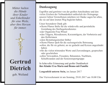 Traueranzeige von Gertrud Dietrich von Thüringer Allgemeine, Thüringische Landeszeitung
