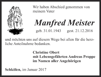 Traueranzeige von Manfred Meister von Ostthüringer Zeitung