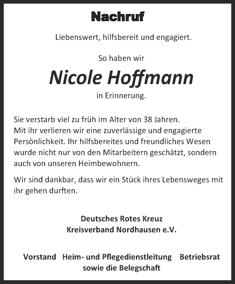  Traueranzeige für Nicole Hoffmann vom 12.01.2017 aus Thüringer Allgemeine