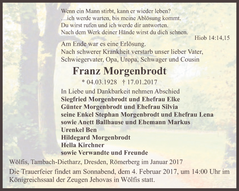  Traueranzeige für Franz Morgenbrodt vom 27.01.2017 aus Ostthüringer Zeitung, Thüringische Landeszeitung