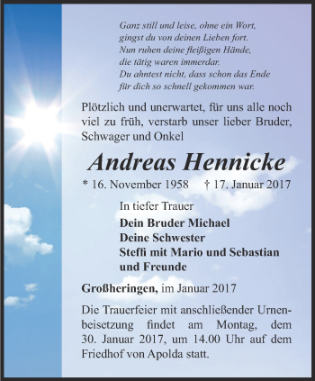 Traueranzeige von Andreas Hennicke von Thüringer Allgemeine, Thüringische Landeszeitung