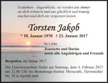 Traueranzeige von Torsten Jakob von Thüringer Allgemeine, Thüringische Landeszeitung