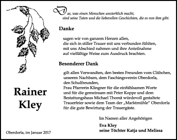 Traueranzeige von Rainer Kley von Thüringer Allgemeine, Thüringische Landeszeitung