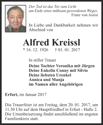 Traueranzeige von Alfred Kreissl von Thüringer Allgemeine, Thüringische Landeszeitung