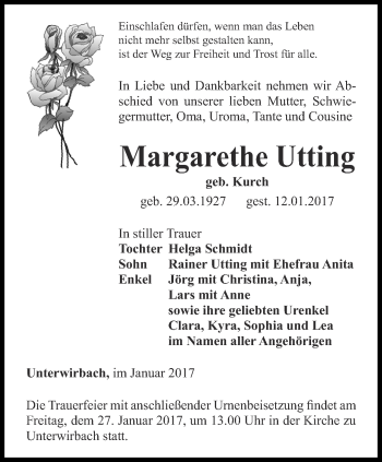 Traueranzeige von Margarethe Utting von Ostthüringer Zeitung