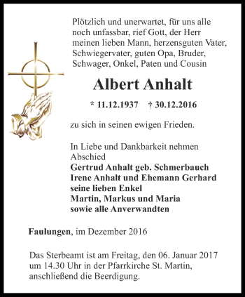 Traueranzeige von Albert Anhalt von Thüringer Allgemeine, Thüringische Landeszeitung