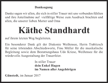Traueranzeige von Käthe Standhardt von Thüringer Allgemeine