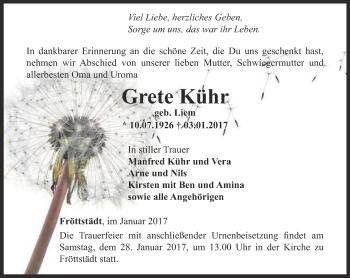 Traueranzeige von Grete Kühr von Ostthüringer Zeitung, Thüringische Landeszeitung
