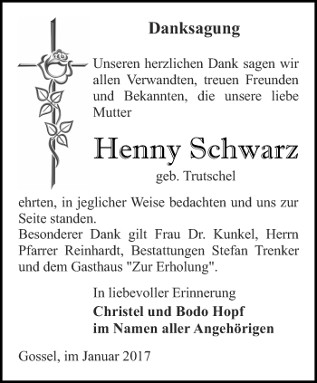 Traueranzeige von Henny Schwarz  von Thüringer Allgemeine