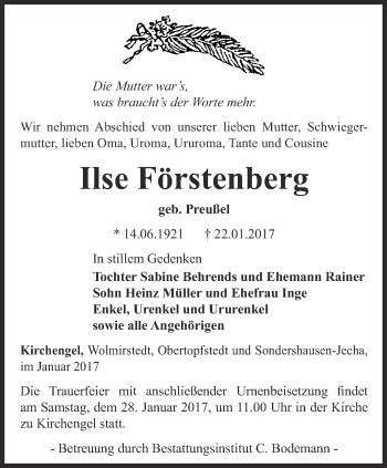 Traueranzeige von Ilse Förstenberg von Thüringer Allgemeine