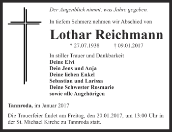 Traueranzeige von Lothar Reichmann von Thüringer Allgemeine, Thüringische Landeszeitung