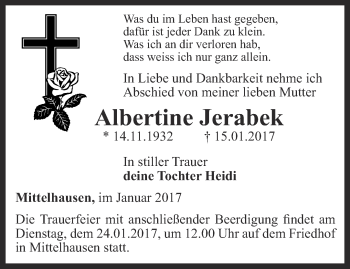Traueranzeige von Albertine Jerabek von Thüringer Allgemeine, Thüringische Landeszeitung