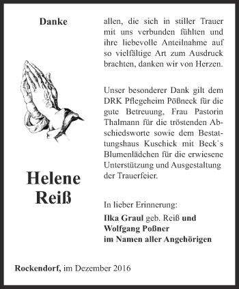 Traueranzeige von Helene Reiß von Ostthüringer Zeitung