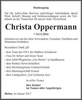 Traueranzeige von Christa Oppermann von Thüringer Allgemeine