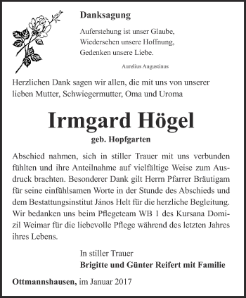 Traueranzeige von Irmgard Högel von Thüringer Allgemeine, Thüringische Landeszeitung