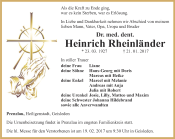 Traueranzeige von Heinrich Rheinländer von Thüringer Allgemeine