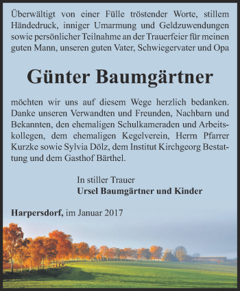 Traueranzeige von Günter Baumgärtner von Ostthüringer Zeitung