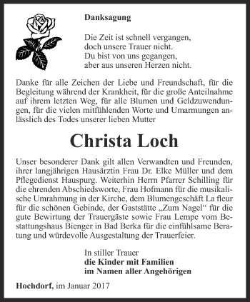 Traueranzeige von Christa Loch von Thüringer Allgemeine, Thüringische Landeszeitung