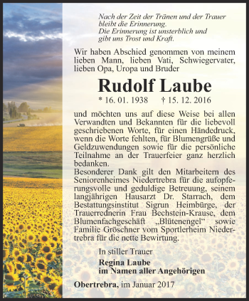 Traueranzeige von Rudolf Laube von Thüringer Allgemeine, Thüringische Landeszeitung