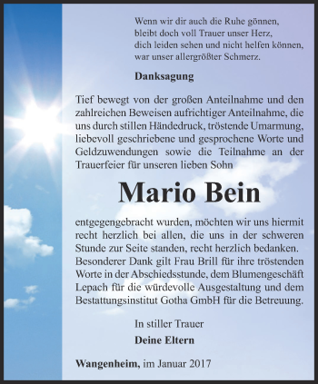 Traueranzeige von Mario Bein von Ostthüringer Zeitung, Thüringische Landeszeitung