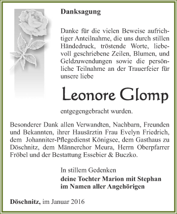 Traueranzeige von Leonore Glomp von Ostthüringer Zeitung