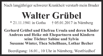 Traueranzeige von Walter Grübel von Ostthüringer Zeitung, Thüringische Landeszeitung