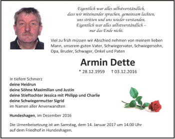 Traueranzeige von Armin Dette von Thüringer Allgemeine