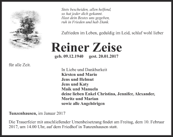 Traueranzeige von Reiner Zeise von Thüringer Allgemeine