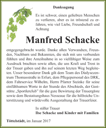 Traueranzeige von Manfred Schacke von Thüringer Allgemeine, Thüringische Landeszeitung