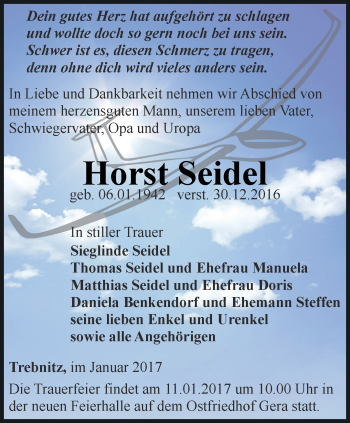 Traueranzeige von Horst Seidel von Ostthüringer Zeitung