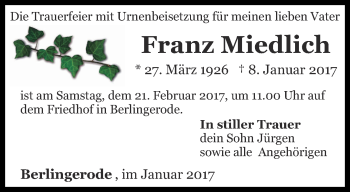 Traueranzeige von Franz Miedlich von Thüringer Allgemeine