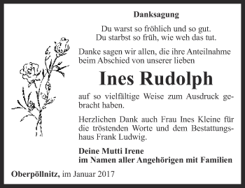 Traueranzeige von Ines Rudolph von Ostthüringer Zeitung