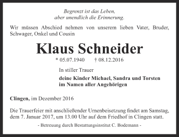 Traueranzeige von Klaus Schneider von Thüringer Allgemeine