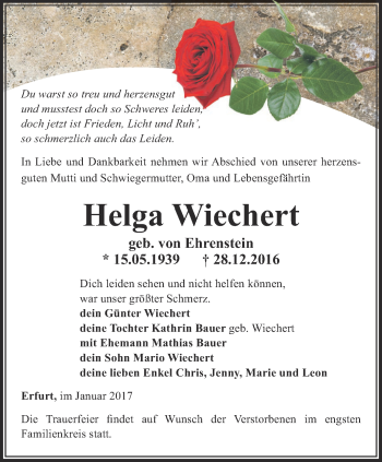 Traueranzeige von Helga Wiechert von Thüringer Allgemeine, Thüringische Landeszeitung