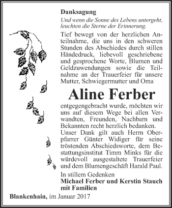 Traueranzeige von Aline Ferber von Thüringer Allgemeine, Thüringische Landeszeitung