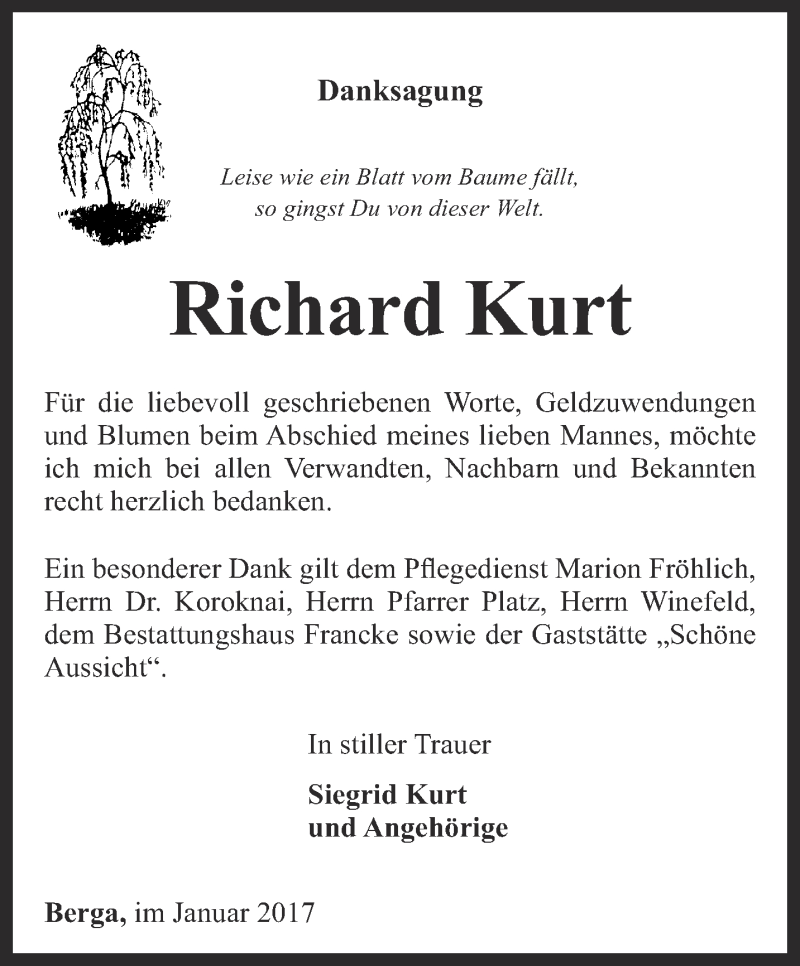  Traueranzeige für Richard Kurt vom 25.01.2017 aus Ostthüringer Zeitung