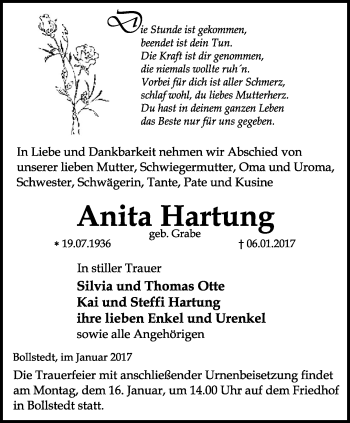 Traueranzeige von Anita Hartung von Thüringer Allgemeine, Thüringische Landeszeitung