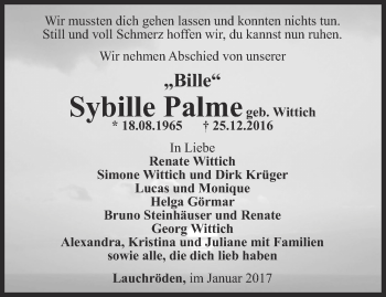 Traueranzeige von Sybille  Palme von Thüringer Allgemeine, Thüringische Landeszeitung