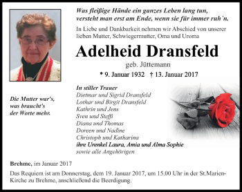 Traueranzeige von Adelheid Dransfeld von Thüringer Allgemeine