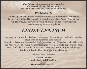 Traueranzeige von Linda Lentsch von Thüringer Allgemeine, Thüringische Landeszeitung