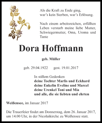 Traueranzeige von Dora Hoffmann von Thüringer Allgemeine