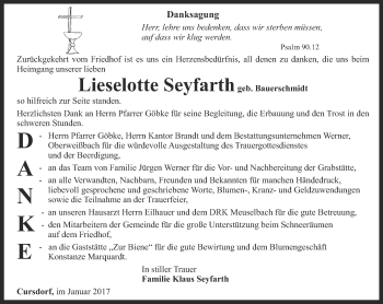 Traueranzeige von Lieselotte Seyfarth von Ostthüringer Zeitung