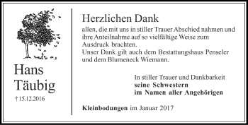 Traueranzeige von Hans Täubig  von Thüringer Allgemeine